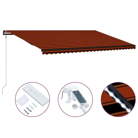 Copertină retractabilă senzor vânt & LED oranj/maro, 600x300 cm