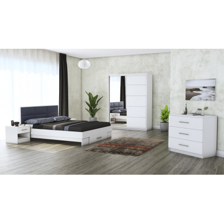 Dormitor Solano, alb, dulap 150 cm, pat cu tablie tapitata gri 140×200 cm, 2 noptiere, comoda - Img 1