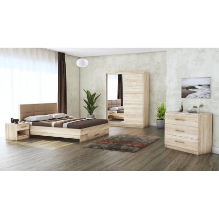 Dormitor Solano, sonoma, dulap 150 cm, pat cu tablie tapitata camel 140×200 cm, 2 noptiere, comoda - Img 1
