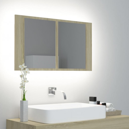 Dulap de baie cu oglindă și LED, stejar Sonoma, 80x12x45 cm - Img 1
