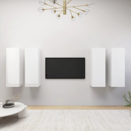 Dulap TV, 4 buc, alb extralucios, 30,5x30x90 cm, lemn prelucrat