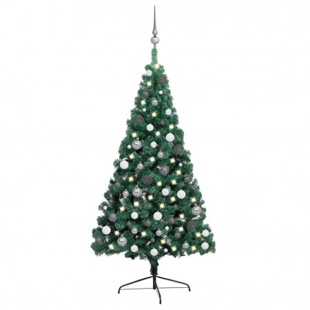 Jumătate brad Crăciun artificial cu LEDuri&globuri verde 240 cm