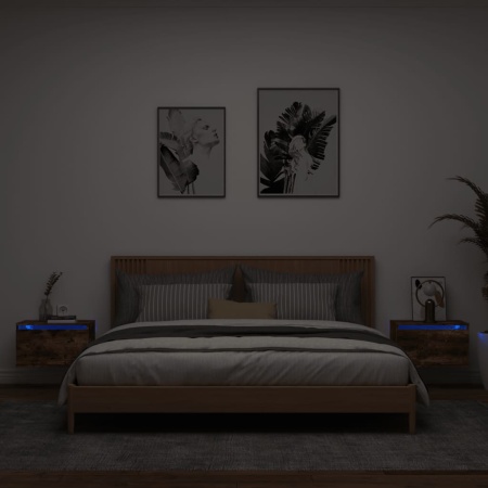 Noptiere montate pe perete cu lumini LED, 2 buc.,stejar fumuriu