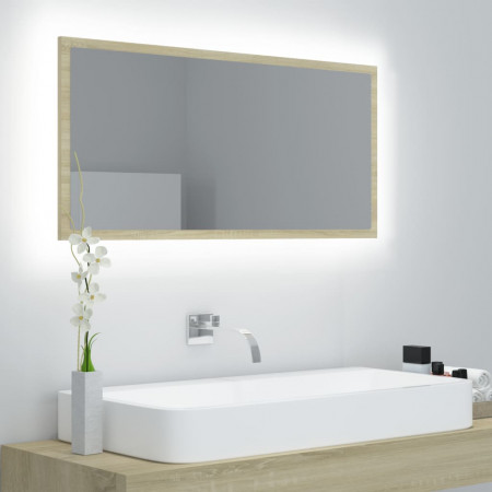 Oglindă de baie cu LED, stejar sonoma, 90x8,5x37 cm, PAL - Img 1