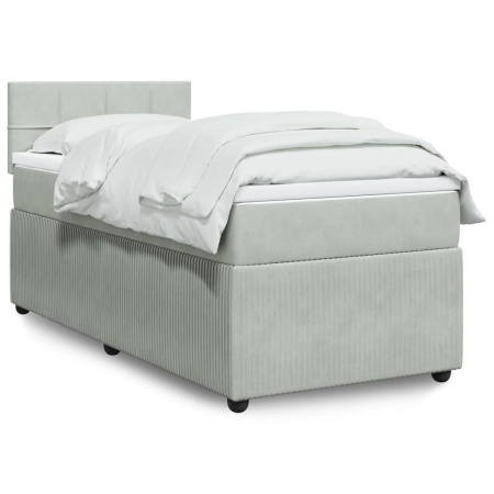 Pat box spring cu saltea, gri deschis, 90x190 cm, catifea