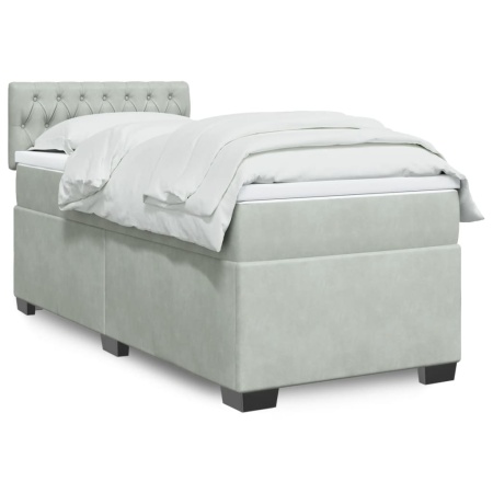 Pat box spring cu saltea, gri deschis, 90x200 cm, catifea - Img 1