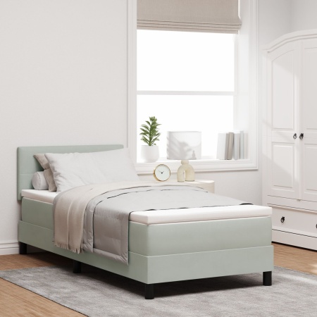 Pat box spring cu saltea, gri deschis, single, catifea
