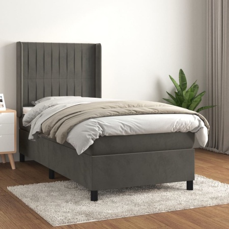 Pat box spring cu saltea, gri închis, 90x200 cm, catifea
