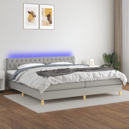 Pat cu arcuri, saltea și LED, gri deschis, 200x200 cm, textil