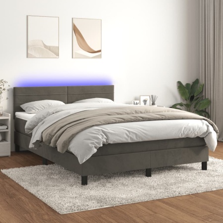 Pat cu arcuri, saltea și LED, gri închis, 140x190 cm, catifea