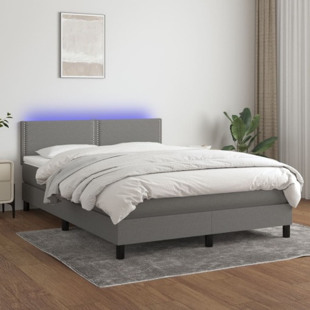 Pat cu arcuri, saltea și LED, gri închis, 140x200 cm, textil