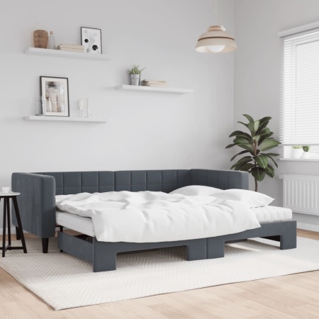 Pat de zi cu extensie și saltele, gri închis 90x200 cm catifea
