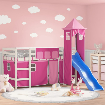 Pat etajat de copii cu turn, roz, 80x200 cm, lemn masiv pin - Img 1