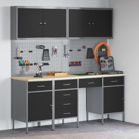 Set banc de lucru, 10 piese, negru, oțel