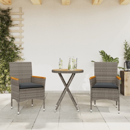 Set bistro cu perne, 3 piese, gri, poliratan și lemn acacia - Img 1