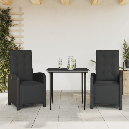 Set bistro cu perne, 3 piese, negru, poliratan