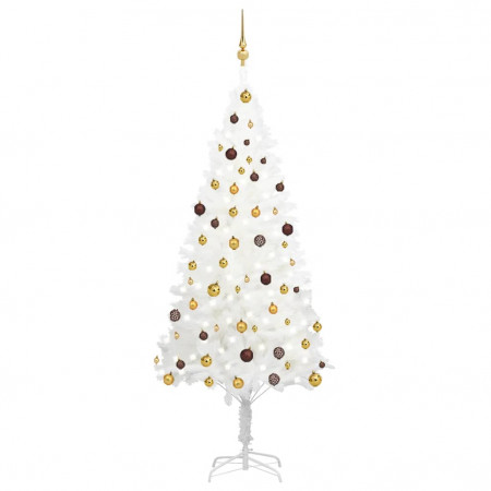 Set brad de Crăciun artficial cu LED-uri/globuri, alb, 210 cm