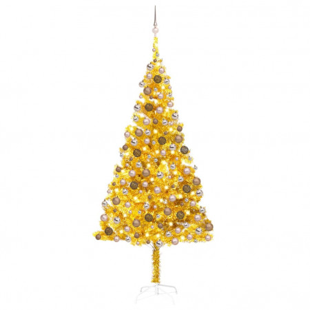 Set brad de Crăciun artificial cu LED&amp;globuri auriu 210 cm PET - Img 1