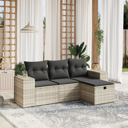 Set canapea de grădină cu perne, 4 piese, gri deschis poliratan