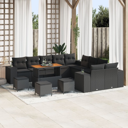 Set canapea grădină 14 piese cu perne Negru Poliratan Acacia, Set dining grădină 4 piese cu perne Negru Poliratan Acacia