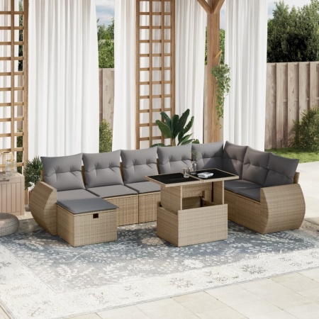 Set canapele de grădină, 9 piese, cu perne, bej, poliratan
