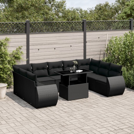 Set canapele de grădină cu perne, 10 piese, negru, poliratan