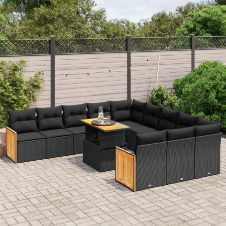 Set canapele de grădină cu perne, 11 piese, negru, poliratan