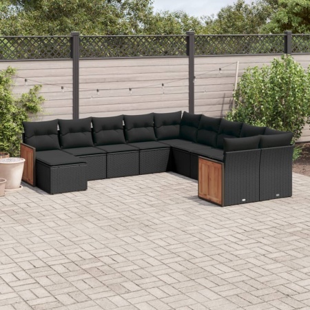 Set canapele de grădină cu perne, 11 piese, negru, poliratan