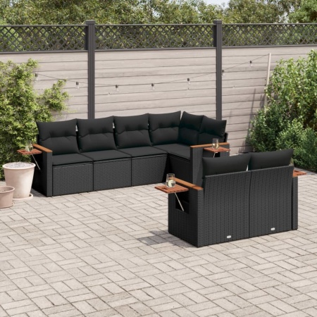 Set canapele de grădină cu perne, 7 piese, negru, poliratan
