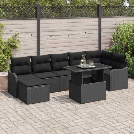 Set canapele grădină 8 piese perne Ratan poli negru, Canapea grădină 2 locuri perne Ratan poli negru