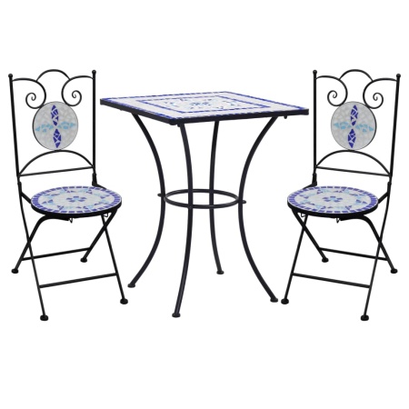 Set de bistro mozaic, 3 piese, albastru & alb, placă ceramică