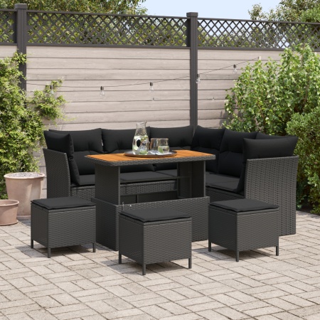 Set de sofa de grădină cu 9 piese și perne Negru Ratan Poli Acacia, Set de dining de grădină cu 4 piese și perne Negru Ratan Poli Acacia - Img 1