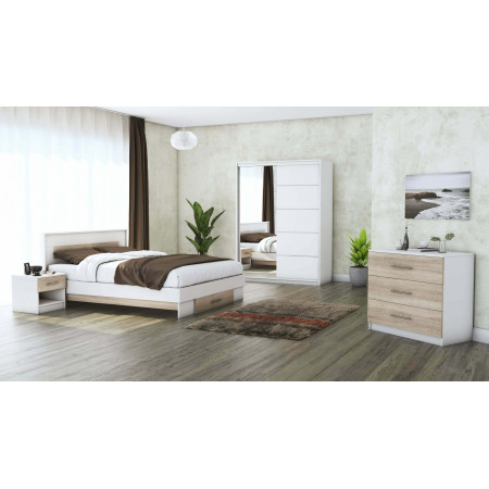 Set Dormitor Beta, Alb/Sonoma, Dulap 150 cm, Pat 160x200 cm, 2 noptiere, comoda