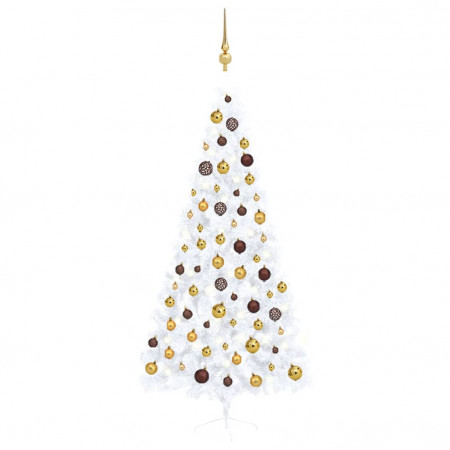Set jumătate brad Crăciun artificial LEDuri&amp;globuri, alb 210 cm - Img 1