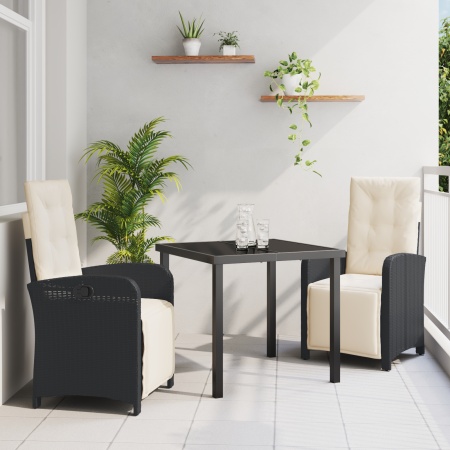 Set masă grădină 3 piese cu perne, Negru, Ratan Polimer, Masă grădină Neagră 80x80x73 cm, Sticlă temperată - Img 1