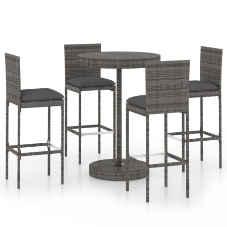 Set mobilier bar de grădină cu perne, 5 piese, gri, poliratan