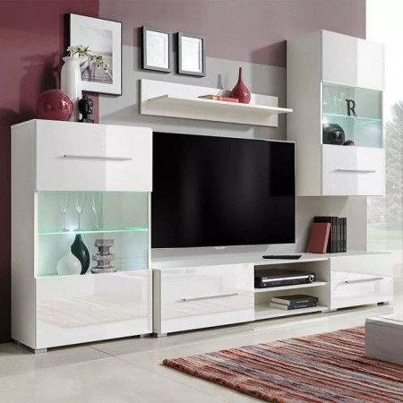 Set mobilier comodă TV de perete, 5 piese, iluminare LED, alb - Img 1