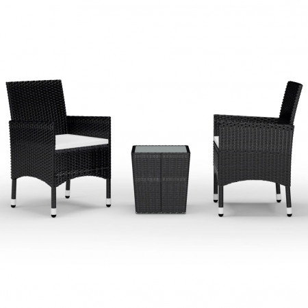 Set mobilier de bistro, 3 piese, negru, poliratan și sticlă