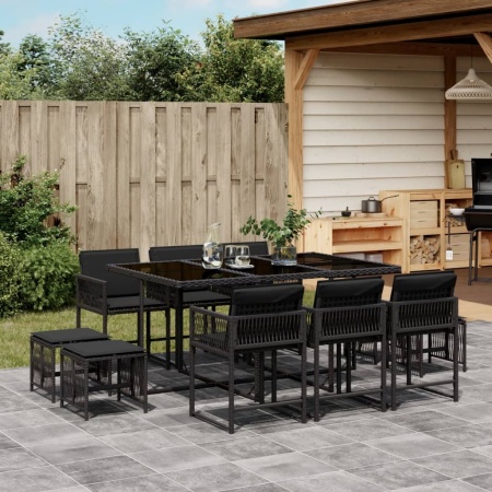 Set mobilier de exterior cu perne, 11 piese, negru, poliratan