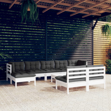Set mobilier de grădină cu perne, 10 piese, alb, llemn de pin