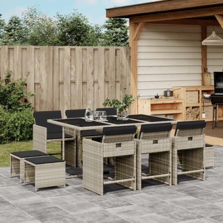 Set mobilier de grădină cu perne 11 piese gri deschis poliratan