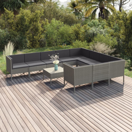 Set mobilier de grădină cu perne, 11 piese, gri, poliratan