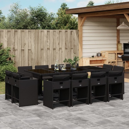 Set mobilier de grădină cu perne, 13 piese, negru, poliratan