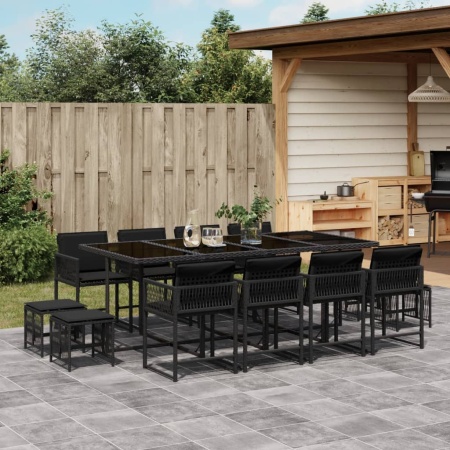 Set mobilier de grădină cu perne, 13 piese, negru, poliratan