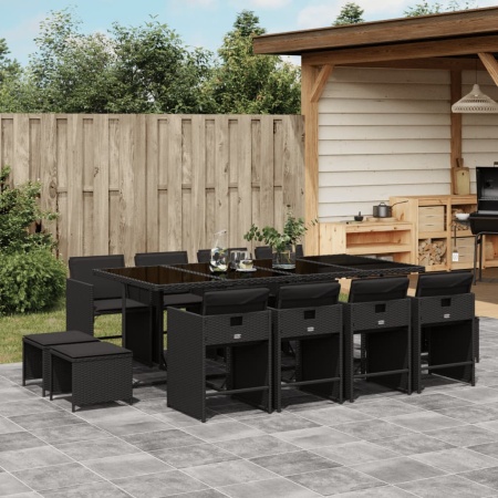 Set mobilier de grădină cu perne, 13 piese, negru, poliratan