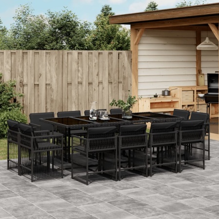 Set mobilier de grădină cu perne, 13 piese, negru, poliratan