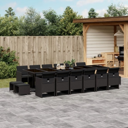 Set mobilier de grădină cu perne, 17 piese, negru, poliratan