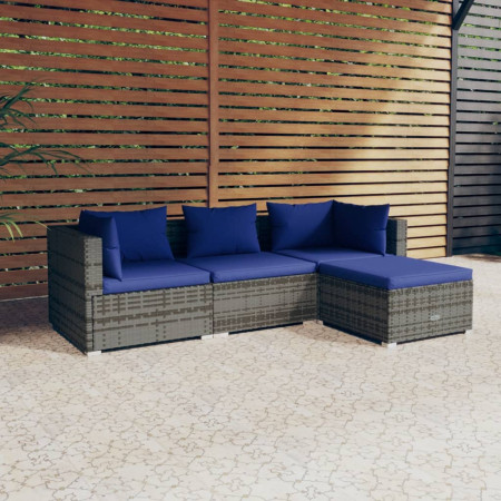 Set mobilier de grădină cu perne, 4 piese, gri, poliratan