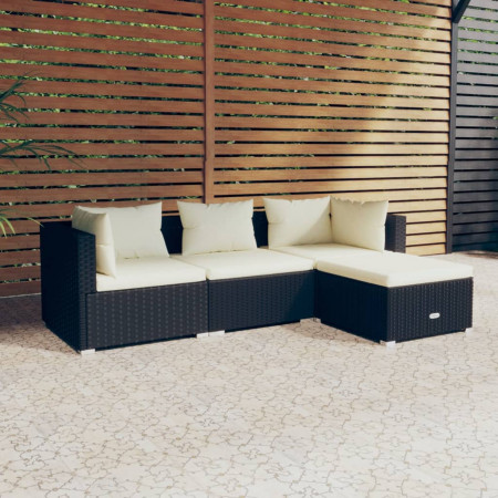 Set mobilier de grădină cu perne, 4 piese, negru, poliratan
