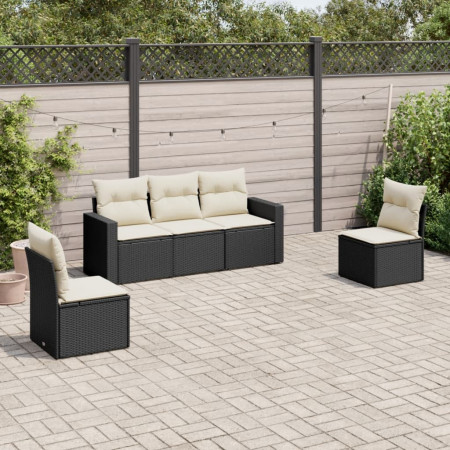Set mobilier de grădină cu perne, 5 piese, negru, poliratan